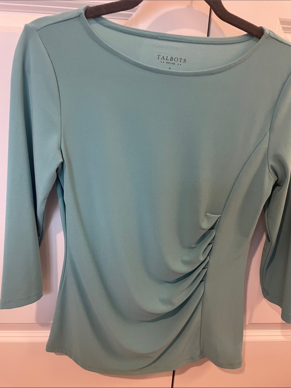 Talbots Seafoam Ruched Boatneck 3/4 Length Sleeve Top Size Petite